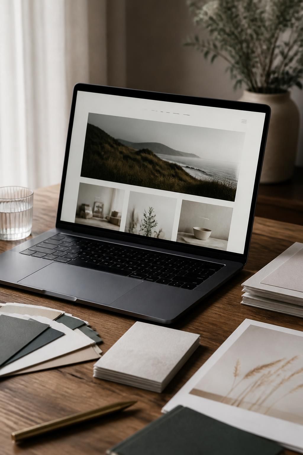 Polished workspace with laptop and branding materials on a clean desk