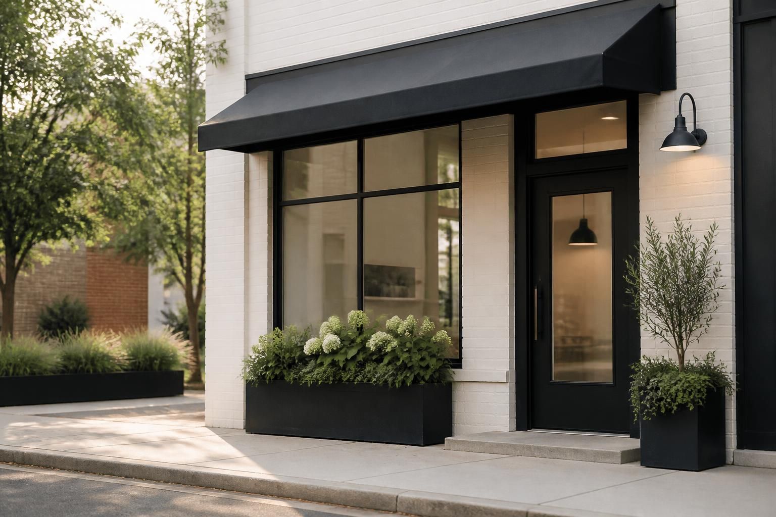 Modern storefront exterior with clean curb appeal and welcoming entry