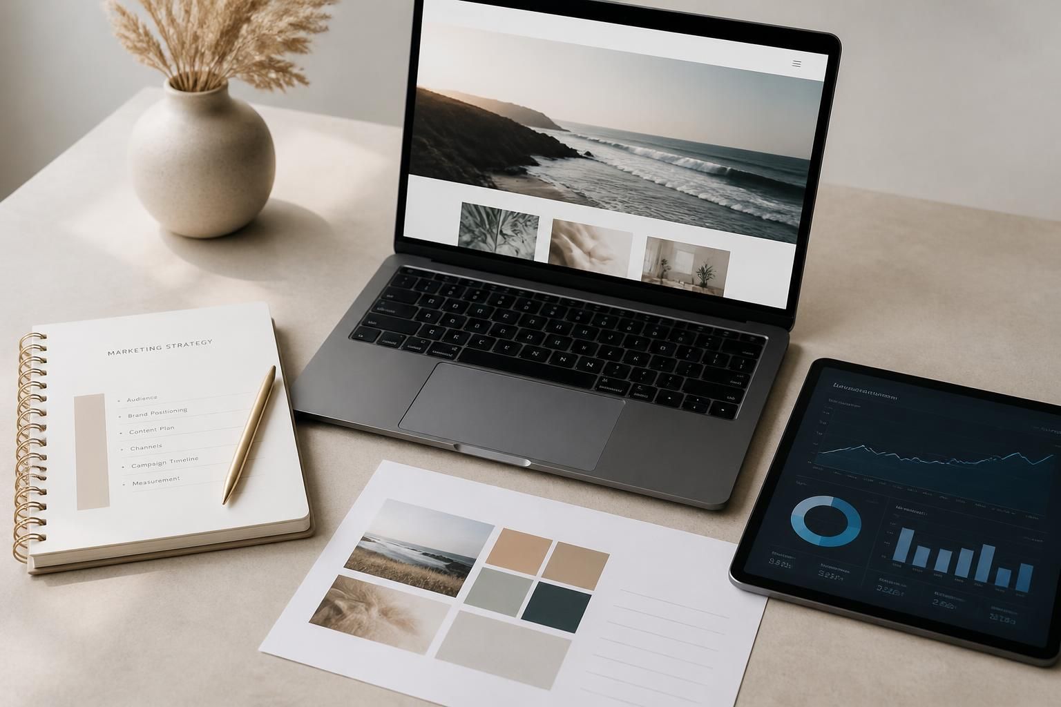 Organized marketing materials beside a finished website and analytics screen